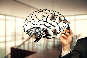 double exposure of human brain sketch and man hand. Brainstorming concept.