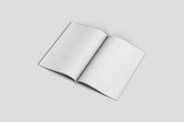 Blank opened Magazine, Book, Booklet o brochure isolated on soft gray background. 3D rendering