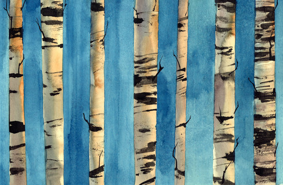 Watercolor illustration of birches against blue sky.