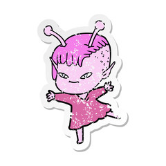 distressed sticker of a cute cartoon alien girl