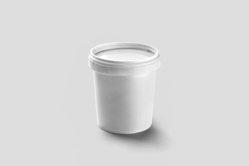 White Plastic Bucket with White lid isolated on soft gray background. Product Packaging For food, foodstuff or paints. Mock-Up Template For Your Design. 3D rendering