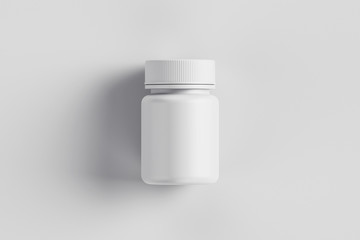 Medicine Plastic Bottle on soft gray background. White plastic bottle Mock-up. Medicine and vitamins, examples and templates isolated. 3D rendering.