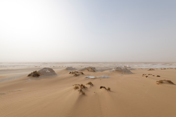 A sandstorm giving a mysterious atmosphere to the already bizarre landscapes of the White Desert National Park in Egypt