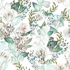 Beautiful watercolor wedding pattern with eucalyptus  and rose. 