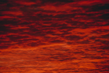 Fiery red blood vampire dawn. Amazing warm dramatic fire cloudy sky. Vivid orange sunlight....