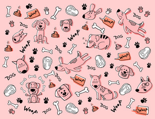 Hand doodle clipart with funny dogs, paw prints and bones. Vector banner, wallpaper, background. Cute surface design, vector illustration