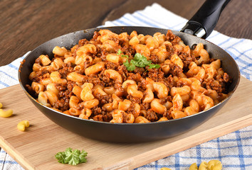 Makaroni po flotski russian national dish. Rustic style