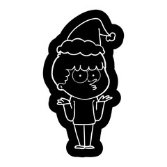 cartoon icon of a curious boy shrugging shoulders wearing santa hat