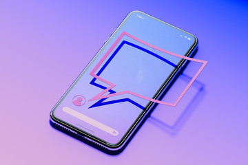 Message notification. Speech bubble on mobile phone. Social media. 3d rendering.