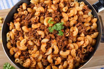 Close up. Makaroni po flotski russian national dish.