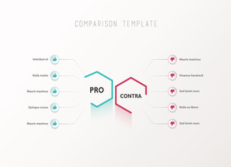 Pros and Contras comparison vector template light vector template with blue and purple hexagons and circles and place for your comparison text. - obrazy, fototapety, plakaty