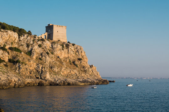 Ancient coastal watchtower in Puglia (Italy). Landscape format.