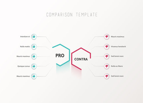 Pros and Contras comparison vector template light vector template with blue and purple hexagons and circles and place for your comparison text.