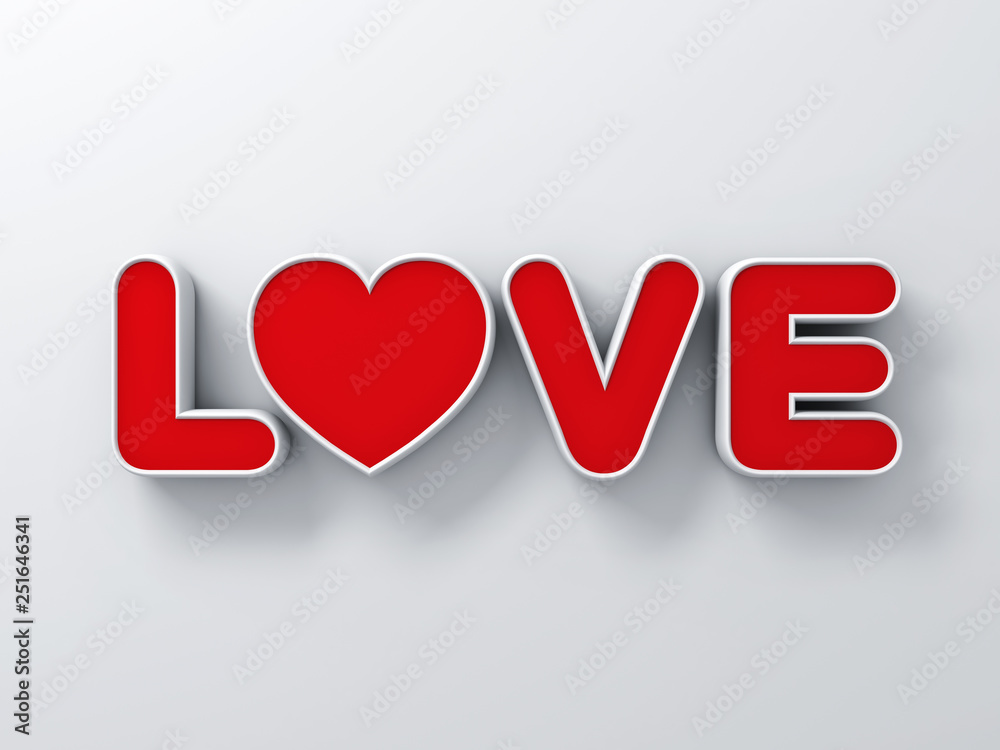 Poster 3d word love on white wall background with shadows 3d rendering
