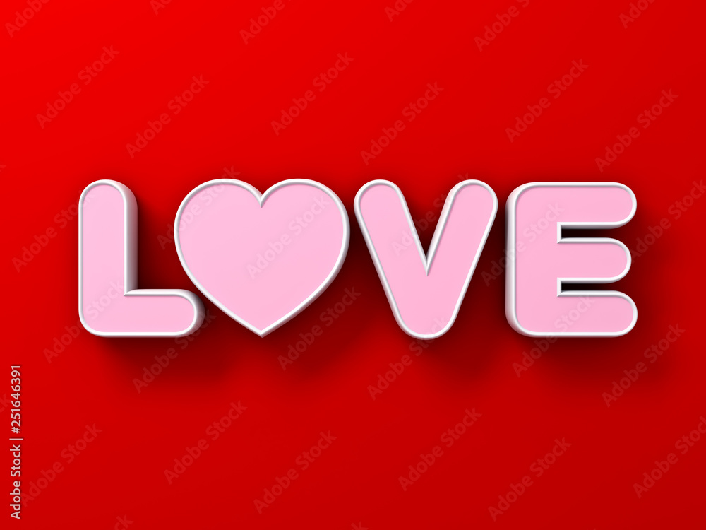 Aufkleber 3d word love on red wall background with shadows 3d rendering