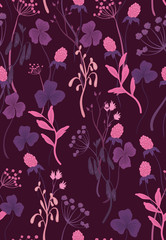 Simple floral seamless pattern. Many different small plants, flowers, twigs and leaves. Abstract composition, rustic style. Purple, lilac, pink and crimson colors, dark background.