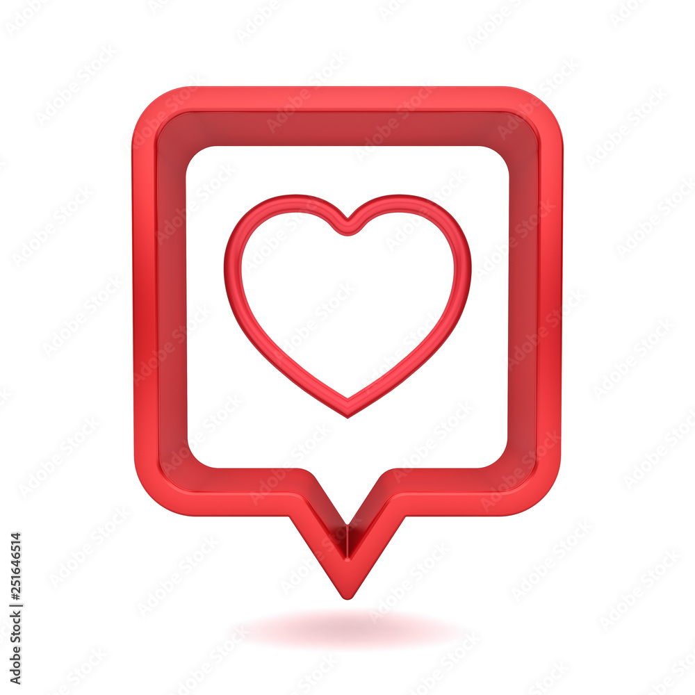 Poster 3d social media notification love like heart icon in red rounded square pin isolated on white background with shadow 3D rendering
