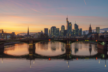 Fototapeta na wymiar Stunning sunset view of financial skyline in Frankfurt