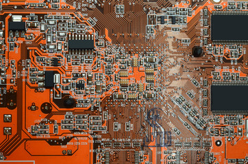 detail of electronic components on computer graphic card. selective focus