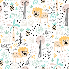 Childish seamless pattern with cute lion and tropical plants. Vector texture in childish style great for fabric and textile, wallpapers, backgrounds. Pastel colors.