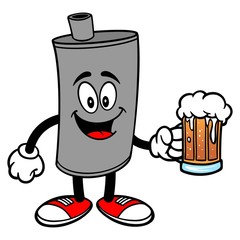 Car Muffler Mascot with a Beer - A vector cartoon illustration of a car muffler mascot with a mug of Beer.