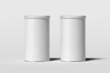 Cans with blank white labels isolated on white background, 3d rendering.