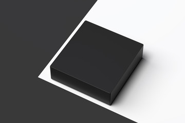 Isolated black realistic cardboard box on monochrome background. 3d rendering.