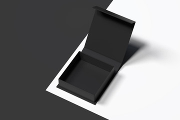 Isolated black realistic cardboard box on monochrome background. 3d rendering.