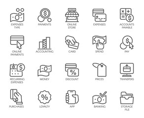 Bank, financial, economic, payment set icons. Credit and debit cards, Nfc system, currency, money, dollar line labels