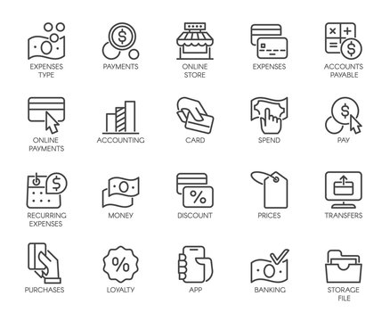 Bank, Financial, Economic, Payment Set Icons. Credit And Debit Cards, Nfc System, Currency, Money, Dollar Line Labels