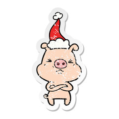 distressed sticker cartoon of a angry pig wearing santa hat