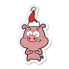 happy sticker cartoon of a pig wearing santa hat