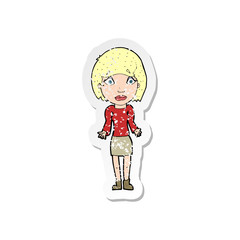 retro distressed sticker of a cartoon woman shrugging shoulders