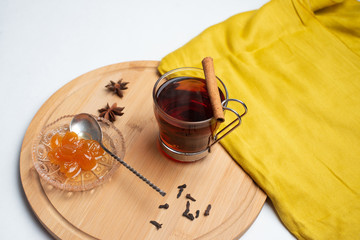 Tea with jam and chocolate for breakfast