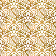 Golden white vintage seamless pattern. Gold royal classic baroque wallpaper. Victorian background ornament.