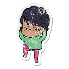 distressed sticker of a cartoon frustrated woman