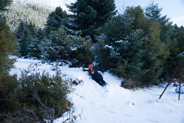 Female wearing winter clothes sliding down on a small snowy mountain slope, between fir trees