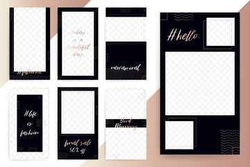 Set of 7 Bright editable template for Stories and Streams. Trendy rose gold fashion color. Vector illustration