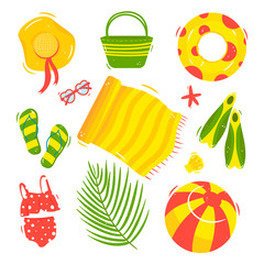 Summer beach set: hat, bag, circle, glasses, flip flops, towel, flippers, swimsuit, ball, shell, starfish, palm leaf. Vector illustration in cartoon style, isolated 