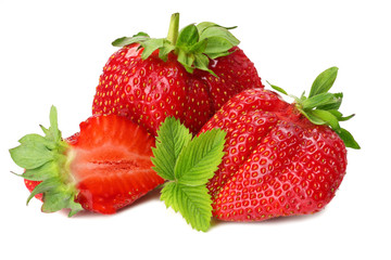 Strawberry with green leaf and slices isolated on white background. Healthy food.
