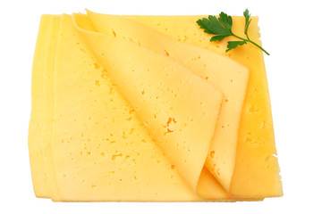 cheese slices with parsley isolated on white background. top view