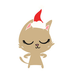 calm flat color illustration of a cat wearing santa hat