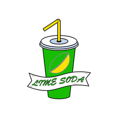 Lime soda cup with straw isolated on white background. Lemonade drink. Fast food concept. Vector cartoon design