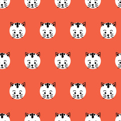 Cats Kids polka dot seamless vector background. Cute kitty faces pattern black and white on red. Geometric fun kids design. Use for fabric, kids decor, gift wrap, packaging, digital paper, cards.