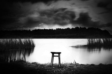 Black and white lake landscape