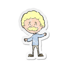 retro distressed sticker of a cartoon happy man with mustache