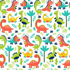 Seamless pattern with cute dinosaurs for children print. Vector