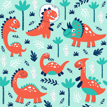 Seamless pattern with cute dinosaurs for children print. Vector © 210484kate