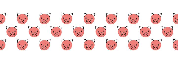 Obraz premium Pigs seamless vector border. Cute polka dot pig faces coral pink on white background. Geometric fun kids design. Use for fabric, kids decor, gift wrap, packaging, digital paper, nursery, new year card