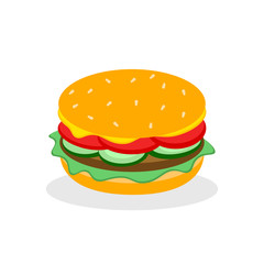 Burger sandwich isolated on white background. Fast food menu. Hamburger with beef, cheese. Vector cartoon design